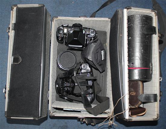 An Asahi Pentax 6 x 7 format camera and a Pentax 67 II camera and lenses,